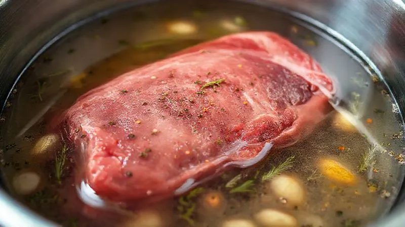 A close-up, photorealistic image of a large cut of beef, possibly a brisket or pork shoulder, submerged in a clear brining solution in a stainless steel container. Herbs, garlic, and spices are visible in the liquid. Professional photography, 8K, cinematic lighting, sharp focus on the meat and brine, depth of field, shot on a high-end DSLR, emphasizing the absorption process.