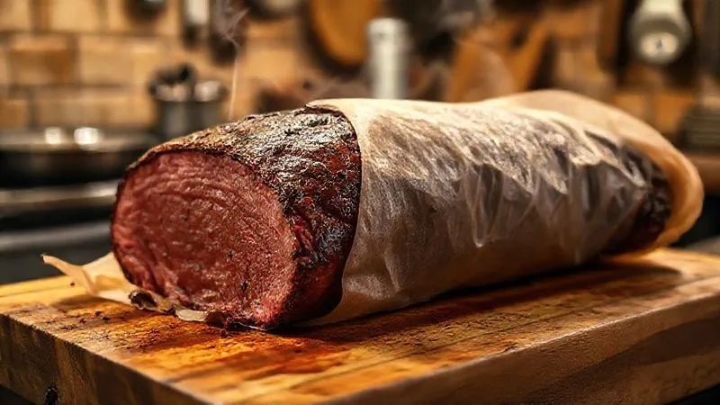 A photorealistic image of a large, perfectly smoked brisket, still wrapped in butcher paper, resting on a wooden cutting board. A thin wisp of steam is visible. The scene is bathed in warm, cinematic lighting, emphasizing the anticipation and care. Sharp focus on the wrapped meat, depth of field blurring a rustic kitchen background, 8K, shot on a high-end DSLR.