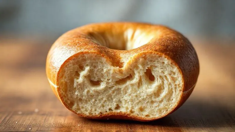 A photorealistic cross-section of a perfectly baked bagel showing the contrasting textures: a thin, glossy, slightly crisp crust and a soft, chewy, slightly dense but airy interior, with visible gluten strands. The background is a scientific illustration of gluten development, professional photography, 8K, cinematic lighting, sharp focus on the bagel's texture, depth of field blurring the background, shot on a high-end DSLR.
