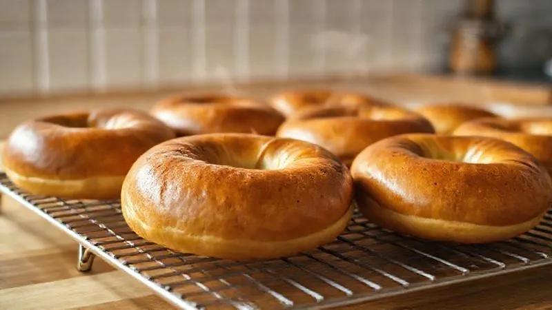 A photorealistic image of several freshly baked, golden-brown bagels perfectly arranged on a wire cooling rack on a wooden countertop. A gentle steam is subtly visible rising from them. The lighting is warm and inviting, highlighting their glossy crusts. Professional photography, 8K, cinematic lighting, sharp focus on the cooling bagels, depth of field blurring a clean, minimalist kitchen background, shot on a high-end DSLR.