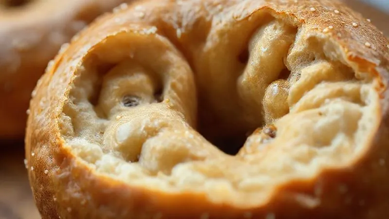 A photorealistic macro shot of a bagel that clearly shows a dense, rubbery interior with small, irregular air pockets, contrasting with a slightly too-thick crust. The image should convey a sense of a common baking mistake, professional photography, 8K, cinematic lighting, sharp focus on the imperfect texture, depth of field blurring the background, shot on a high-end DSLR.