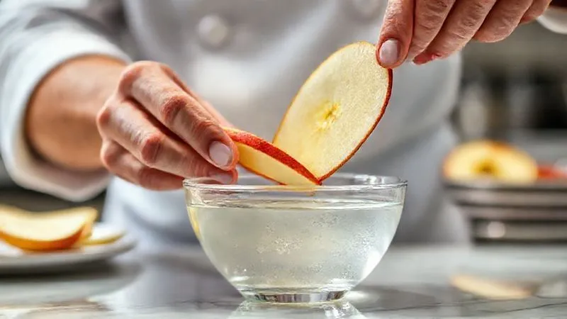 Photorealistic, professional photography, 8K, cinematic lighting, sharp focus, depth of field, shot on a high-end DSLR. A close-up of a chef's hands delicately dipping thin slices of fresh apple into a clear, slightly effervescent liquid in a glass bowl. The background is a blurred, pristine kitchen counter, highlighting the precision and care in the process.