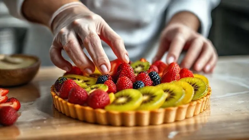 Photorealistic, professional photography, 8K, cinematic lighting, sharp focus, depth of field, shot on a high-end DSLR. A close-up of a chef's hands meticulously arranging vibrant, perfectly cut fresh berries and kiwi slices on a glossy, elegant fruit tart. The background shows a soft blur of a professional kitchen, emphasizing the delicate and precise assembly process.