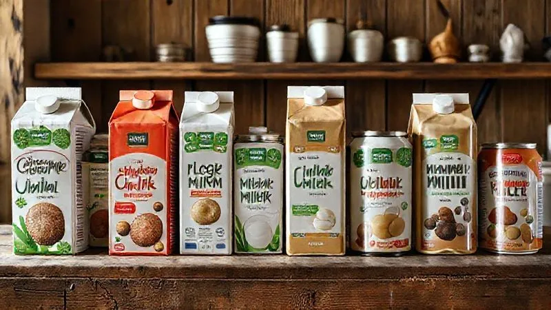 A photorealistic image of various cartons and cans of plant-based milks lined up on a rustic wooden counter, with a focus on full-fat coconut milk and cashew milk. The lighting is soft and natural, emphasizing the different textures and packaging, 8K, cinematic lighting, sharp focus, depth of field, shot on a high-end DSLR.