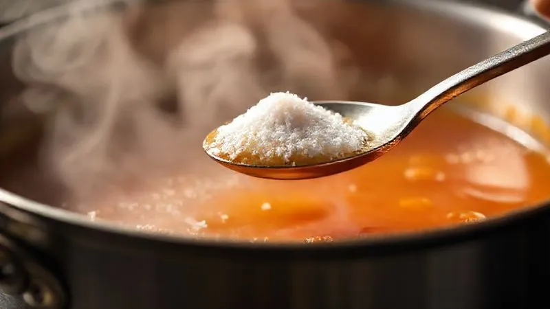 A close-up, photorealistic shot of a small spoon with a pinch of baking soda being added to a simmering vegan sauce in a stainless steel saucepan. Soft steam rises from the sauce, illuminated by cinematic lighting, with a sharp focus on the spoon and the bubbling reaction, 8K hyper-detailed, depth of field, shot on a high-end DSLR.