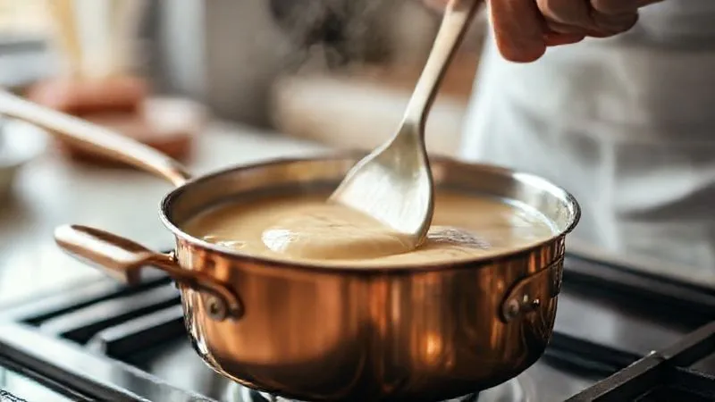 A photorealistic close-up of a chef's hands gently stirring a creamy vegan sauce in a gleaming copper saucepan on a stovetop, with soft, diffused kitchen lighting. The focus is on the smooth texture of the sauce and the careful motion, conveying patience and expertise, 8K hyper-detailed, depth of field, shot on a high-end DSLR.