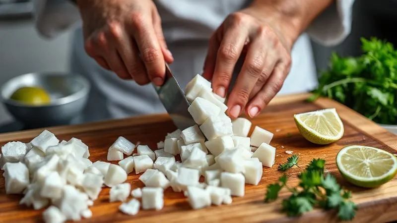 A photorealistic, professional photography, 8K, cinematic lighting, sharp focus, depth of field shot on a high-end DSLR of a chef's hands expertly dicing fresh, pristine white fish into uniform cubes on a wooden cutting board, surrounded by vibrant ingredients like limes and cilantro. A photorealistic, professional photography, 8K, cinematic lighting, sharp focus, depth of field shot on a high-end DSLR of a chef's hands expertly dicing fresh, pristine white fish into uniform cubes on a wooden cutting board, surrounded by vibrant ingredients like limes and cilantro.