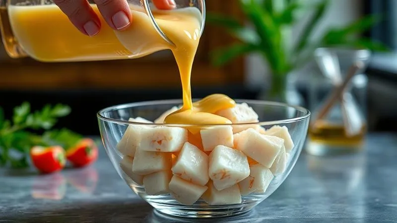 A photorealistic, professional photography, 8K, cinematic lighting, sharp focus, depth of field shot on a high-end DSLR of a vibrant, creamy 'Leche de Tigre' being gently poured over perfectly marinated white fish cubes in a glass bowl, highlighting its rich texture and color. A photorealistic, professional photography, 8K, cinematic lighting, sharp focus, depth of field shot on a high-end DSLR of a vibrant, creamy 'Leche de Tigre' being gently poured over perfectly marinated white fish cubes in a glass bowl, highlighting its rich texture and color.