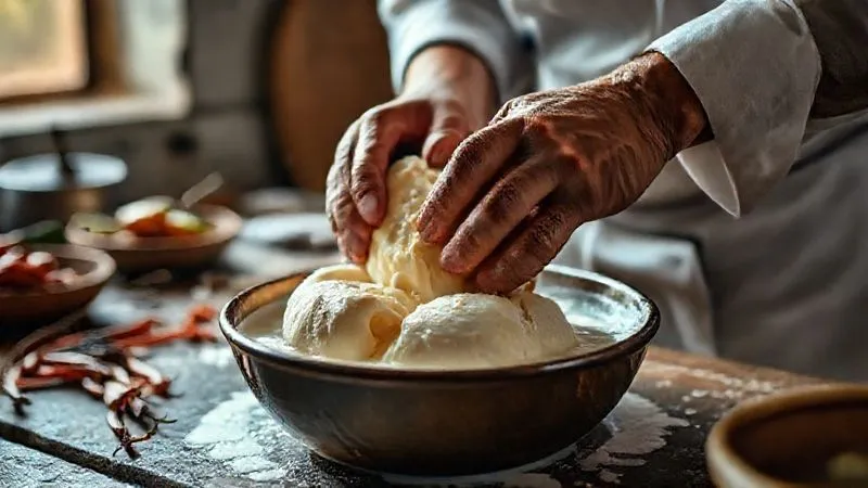 A photorealistic close-up of a chef's hands expertly kneading bread soaked in coconut milk, preparing the base for vatapá. The scene is set in a rustic, well-lit kitchen, with ingredients like dried shrimp and peppers blurred in the background. Cinematic lighting, sharp focus on the hands and bread, depth of field, 8K hyper-detailed, professional photography, shot on a high-end DSLR.