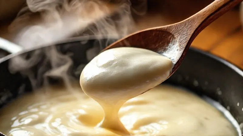 A photorealistic close-up of a wooden spoon lifting a generous portion of creamy vatapá from a hot pan, demonstrating its perfect, thick consistency as it falls back into the pan. Steam rises gently. Cinematic lighting, sharp focus on the vatapá, depth of field, 8K hyper-detailed, professional photography, shot on a high-end DSLR.