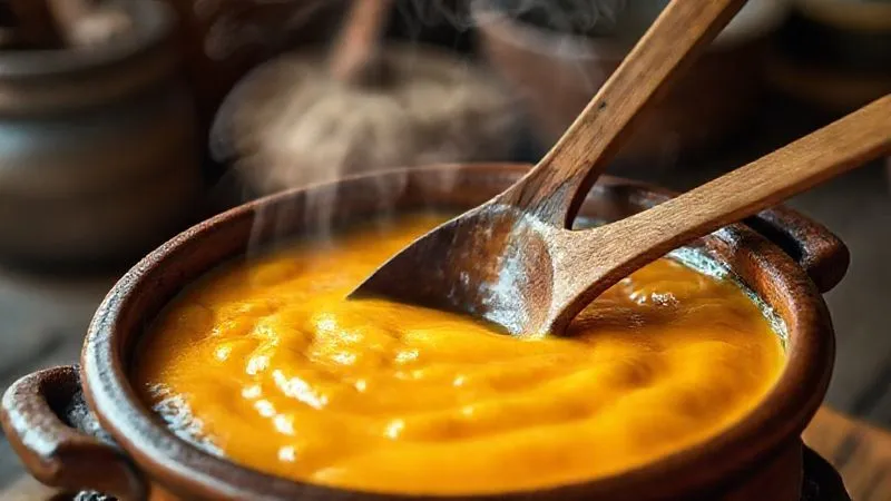 A photorealistic image of a traditional Brazilian clay pot filled with perfectly cooked vatapá, steaming gently, with a wooden spoon resting inside. The vatapá has a rich, creamy texture and a vibrant golden-orange hue from the dendê oil. The background is a slightly blurred, warm kitchen setting. Cinematic lighting, sharp focus, depth of field, 8K hyper-detailed, professional photography, shot on a high-end DSLR.