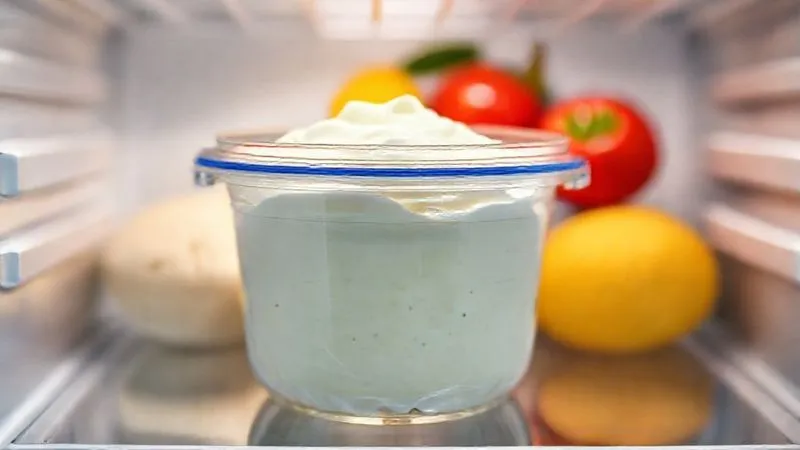 A photorealistic image of a sealed glass container filled with creamy vatapá, placed neatly inside a refrigerator. The lighting is cool and clean, highlighting the freshness and proper storage. Sharp focus on the container, with other fresh ingredients blurred in the background. 8K hyper-detailed, professional photography, shot on a high-end DSLR.