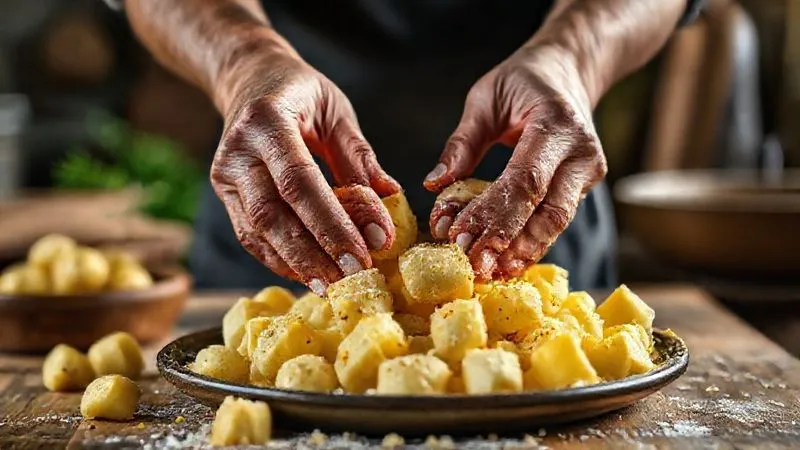 Photorealistic image of hands selecting perfect starchy potatoes for gnocchi, with a blurred rustic kitchen background, professional photography, 8K, cinematic lighting, sharp focus, depth of field, shot on a high-end DSLR. Photorealistic image of hands selecting perfect starchy potatoes for gnocchi, with a blurred rustic kitchen background, professional photography, 8K, cinematic lighting, sharp focus, depth of field, shot on a high-end DSLR.