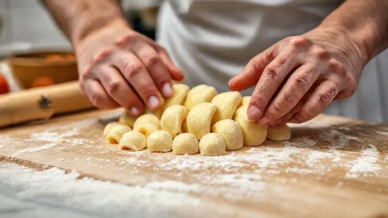 A close-up, photorealistic image of skilled hands gently rolling small pieces of gnocchi dough over a gnocchi board, creating perfect ridges. The background is a clean, well-lit kitchen counter. Professional photography, 8K, cinematic lighting, sharp focus, depth of field, shot on a high-end DSLR. A close-up, photorealistic image of skilled hands gently rolling small pieces of gnocchi dough over a gnocchi board, creating perfect ridges. The background is a clean, well-lit kitchen counter. Professional photography, 8K, cinematic lighting, sharp focus, depth of field, shot on a high-end DSLR.