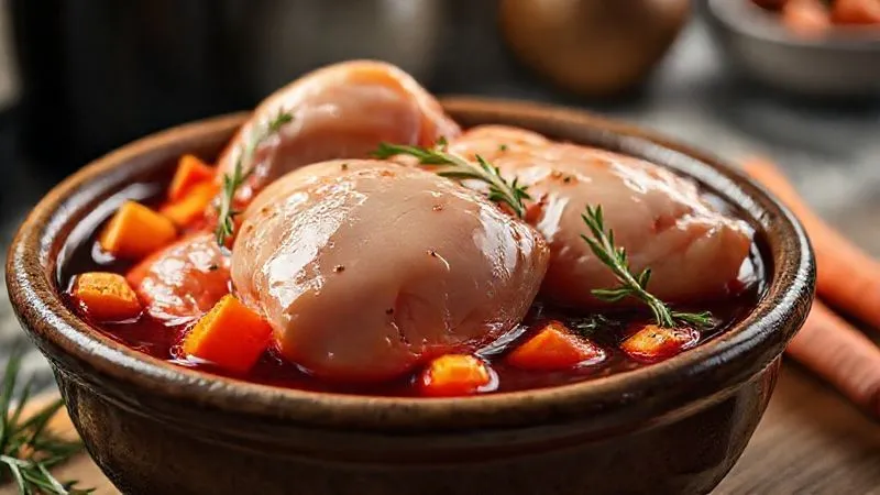 A photorealistic close-up of raw chicken pieces marinating in a deep red wine with fresh herbs, garlic cloves, and chopped carrots in a rustic ceramic bowl. Cinematic lighting, sharp focus on the glistening chicken, depth of field blurring the background of a kitchen counter. 8K hyper-detailed, professional photography. A photorealistic close-up of raw chicken pieces marinating in a deep red wine with fresh herbs, garlic cloves, and chopped carrots in a rustic ceramic bowl. Cinematic lighting, sharp focus on the glistening chicken, depth of field blurring the background of a kitchen counter. 8K hyper-detailed, professional photography.