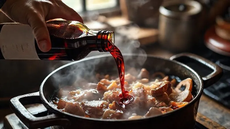 A photorealistic shot of a skilled hand pouring a deep red Burgundy wine into a rustic cast-iron Dutch oven, where sautéed bacon, pearl onions, and mushrooms are already simmering. Cinematic lighting, sharp focus on the rich liquid and steam, depth of field blurring a traditional French kitchen background. 8K hyper-detailed, professional photography. A photorealistic shot of a skilled hand pouring a deep red Burgundy wine into a rustic cast-iron Dutch oven, where sautéed bacon, pearl onions, and mushrooms are already simmering. Cinematic lighting, sharp focus on the rich liquid and steam, depth of field blurring a traditional French kitchen background. 8K hyper-detailed, professional photography.