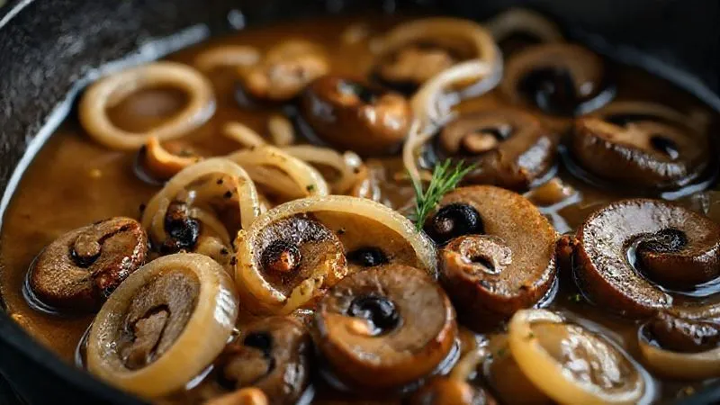 A photorealistic close-up of sautéed pearl onions and sliced cremini mushrooms glistening in a rich brown sauce in a cast-iron pan, with a subtle hint of herbs. Cinematic lighting, sharp focus on the textures, depth of field blurring the background. 8K hyper-detailed, professional photography. A photorealistic close-up of sautéed pearl onions and sliced cremini mushrooms glistening in a rich brown sauce in a cast-iron pan, with a subtle hint of herbs. Cinematic lighting, sharp focus on the textures, depth of field blurring the background. 8K hyper-detailed, professional photography.