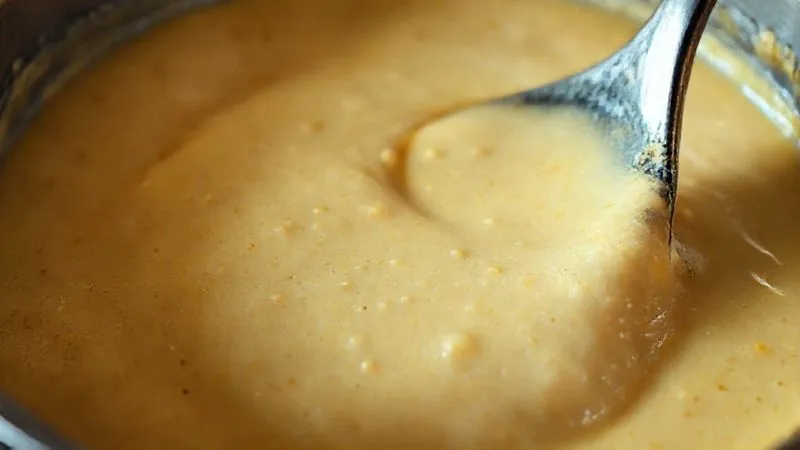 A photorealistic close-up of a creamy sauce in a pot, with tiny protein particles visibly separating and clumping together, creating a 'broken' texture. The background shows a gentle heat source. Cinematic lighting, sharp focus, depth of field, 8K, shot on a high-end DSLR. A photorealistic close-up of a creamy sauce in a pot, with tiny protein particles visibly separating and clumping together, creating a 'broken' texture. The background shows a gentle heat source. Cinematic lighting, sharp focus, depth of field, 8K, shot on a high-end DSLR.