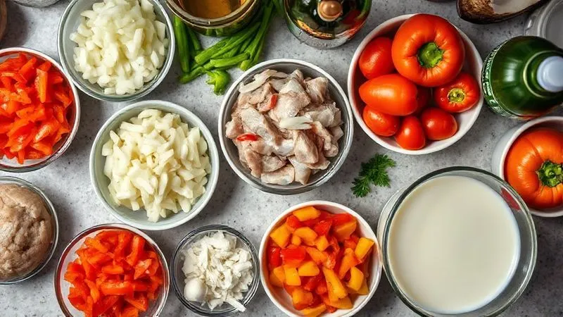 A photorealistic overhead shot of a clean, organized kitchen counter with various fresh ingredients for Moqueca Capixaba laid out in small bowls: sliced fish, chopped onions, garlic, colorful bell peppers, tomatoes (peeled and deseeded), a bottle of dendê oil, and a bowl of room-temperature coconut milk. Cinematic lighting, sharp focus, depth of field, 8K, shot on a high-end DSLR. A photorealistic overhead shot of a clean, organized kitchen counter with various fresh ingredients for Moqueca Capixaba laid out in small bowls: sliced fish, chopped onions, garlic, colorful bell peppers, tomatoes (peeled and deseeded), a bottle of dendê oil, and a bowl of room-temperature coconut milk. Cinematic lighting, sharp focus, depth of field, 8K, shot on a high-end DSLR.