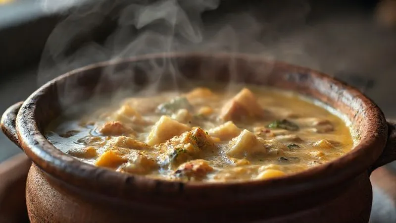 A photorealistic close-up of a traditional Moqueca Capixaba simmering gently in a rustic, handmade clay pot. Steam rises delicately, highlighting the rich colors and creamy texture of the dish. The background is softly blurred, focusing entirely on the pot and its contents. Cinematic lighting, sharp focus, depth of field, 8K, shot on a high-end DSLR. A photorealistic close-up of a traditional Moqueca Capixaba simmering gently in a rustic, handmade clay pot. Steam rises delicately, highlighting the rich colors and creamy texture of the dish. The background is softly blurred, focusing entirely on the pot and its contents. Cinematic lighting, sharp focus, depth of field, 8K, shot on a high-end DSLR.