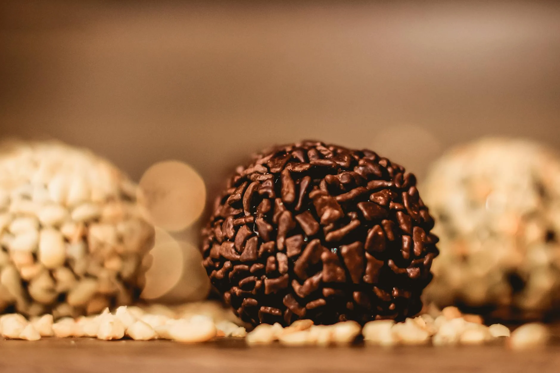 Photorealistic, professional photography, 8K, cinematic lighting, sharp focus, depth of field, shot on a high-end DSLR. A close-up of beautifully packaged gourmet dark chocolate truffles, individually wrapped in shimmering gold foil and nestled in a luxurious, dark velvet-lined box. The lighting should highlight the elegance and protective quality of the packaging, with a soft, inviting glow. Close-up shot of assorted chocolate brigadeiros, highlighting textures and indulgence. — Foto: Paloma Clarice / Pexels