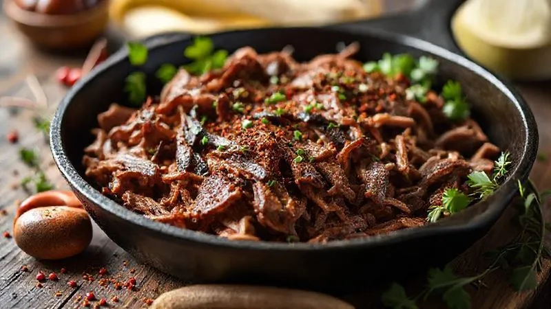 A photorealistic, professional photography, 8K, cinematic lighting, sharp focus, depth of field, shot on a high-end DSLR, of perfectly seared and shredded beef for burritos, glistening with spices, on a cast iron pan, surrounded by fresh herbs and whole spices.
