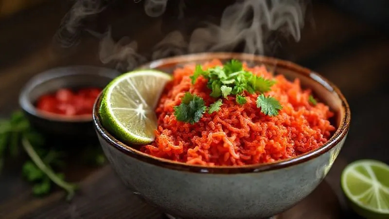 A photorealistic, professional photography, 8K, cinematic lighting, sharp focus, depth of field, shot on a high-end DSLR, of a vibrant bowl of Mexican red rice, garnished with fresh cilantro and lime wedges, steam rising gently.