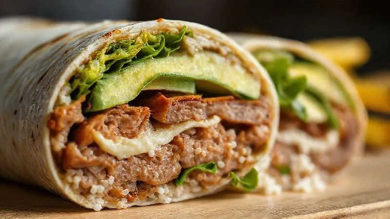 A photorealistic, professional photography, 8K, cinematic lighting, sharp focus, depth of field, shot on a high-end DSLR, of a close-up on a cross-section of a gourmet burrito, showcasing distinct layers of soft meat, creamy avocado, crisp lettuce, and fluffy rice, all perfectly visible and appealing.