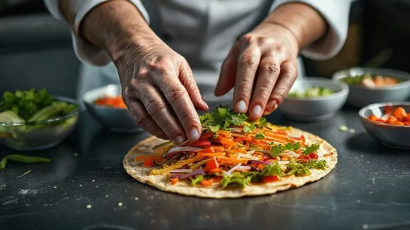 A photorealistic, professional photography, 8K, cinematic lighting, sharp focus, depth of field, shot on a high-end DSLR, of a chef's hands meticulously arranging vibrant, fresh ingredients on a tortilla, demonstrating careful layering for a gourmet burrito, with various bowls of ingredients blurred in the background.