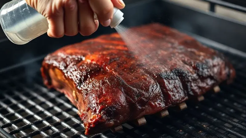 Photorealistic close-up of a hand holding a spray bottle, gently spritzing a large beef rib on a smoker grate. A fine mist is visible on the glistening surface of the meat, which shows a rich, dark bark. Cinematic lighting, sharp focus, depth of field. 8K, professional photography. Photorealistic close-up of a hand holding a spray bottle, gently spritzing a large beef rib on a smoker grate. A fine mist is visible on the glistening surface of the meat, which shows a rich, dark bark. Cinematic lighting, sharp focus, depth of field. 8K, professional photography.