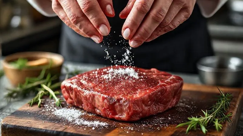 A photorealistic image of a professional chef's hands delicately sprinkling fresh rosemary and coarse sea salt over a raw, high-quality ribeye steak on a dark wooden board, preparing it for grilling. The background is blurred, showing subtle kitchen ambiance. Cinematic lighting, sharp focus on the hands and steak, depth of field, 8K, shot on a high-end DSLR.