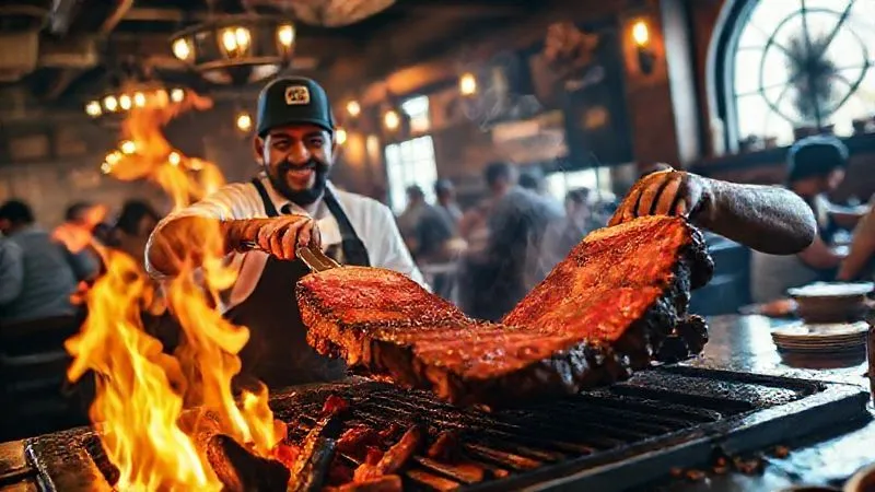 A photorealistic image of a rustic, bustling Brazilian churrascaria interior, with a smiling, experienced churrasqueiro flipping large cuts of perfectly grilled meat over an open flame. The focus is on the authentic cooking process and the natural sizzle of the meat. Cinematic lighting, warm tones, depth of field, 8K, shot on a high-end DSLR.