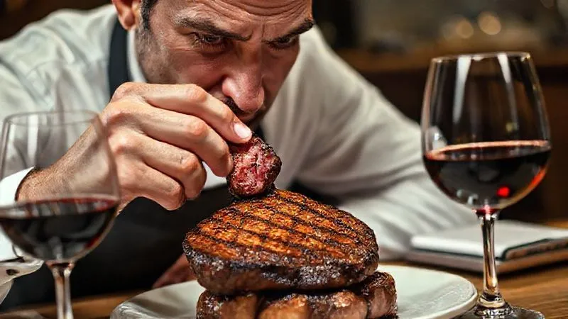 A photorealistic image of a professional sommelier or food critic, with a discerning expression, taking a small bite of a perfectly grilled steak, analyzing its flavor profile. A glass of red wine and a small notebook are on a table beside them. Cinematic lighting, sharp focus on the person's face and the steak, depth of field, 8K, shot on a high-end DSLR.