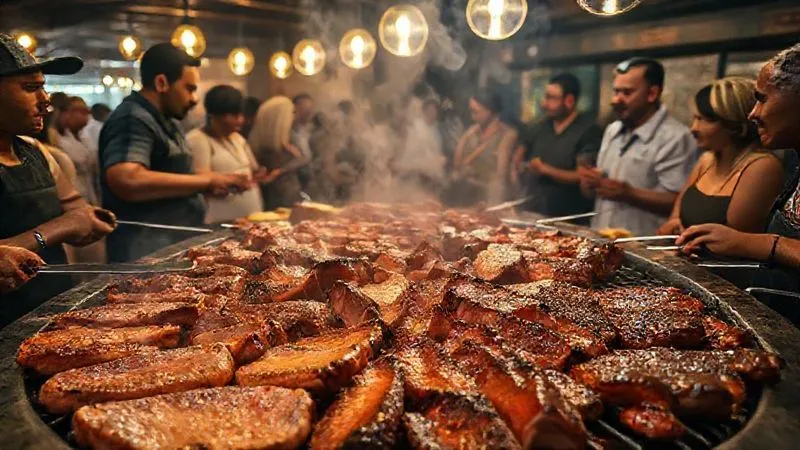 A photorealistic, wide-angle shot of a vibrant Brazilian gourmet churrasco scene, with diverse cuts of high-quality meat being cooked over a large, well-maintained grill. People are gathered around, conversing and enjoying the aroma, with a focus on community and the celebration of food. Cinematic lighting, rich colors, depth of field, 8K, shot on a high-end DSLR.