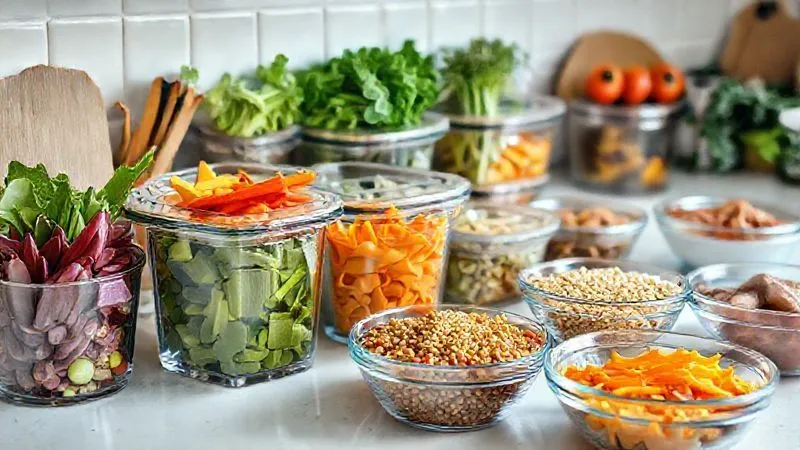 A photorealistic, professional photography, 8K, cinematic lighting, sharp focus, depth of field, shot on a high-end DSLR, of a kitchen counter neatly organized with an array of colorful, fresh vegetables washed and chopped in clear glass containers, alongside pre-cooked grains and marinated proteins in separate bowls. The scene is bright and clean, conveying a sense of preparation and efficiency, ready for a week of healthy eating.
