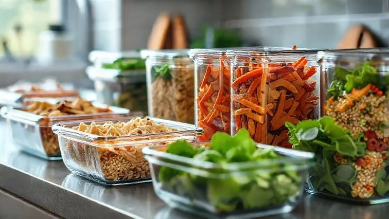A photorealistic, professional photography, 8K, cinematic lighting, sharp focus, depth of field, shot on a high-end DSLR, of a beautifully organized kitchen counter with various containers of batch-cooked meals. There are clear glass containers with shredded chicken, roasted vegetables, quinoa, and fresh salad greens. The scene evokes a sense of preparedness and healthy living, with natural light highlighting the freshness of the food.