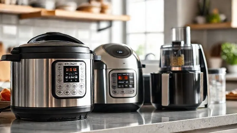 A photorealistic, professional photography, 8K, cinematic lighting, sharp focus, depth of field, shot on a high-end DSLR, of modern kitchen gadgets like an electric pressure cooker, an air fryer, and a food processor, all sleek and clean, arranged on a countertop. The scene should convey efficiency and convenience in a contemporary kitchen setting.