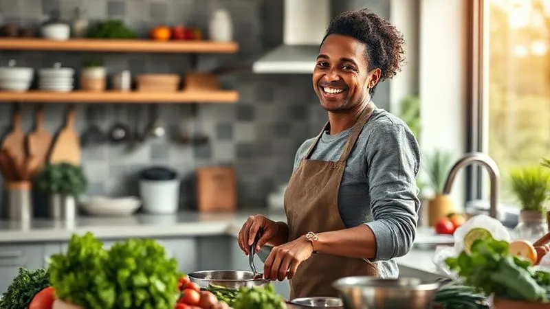A photorealistic, professional photography, 8K, cinematic lighting, sharp focus, depth of field, shot on a high-end DSLR, of a person confidently and happily cooking in a modern, organized kitchen, surrounded by fresh ingredients. The person is smiling, demonstrating joy and ease in the cooking process, overcoming previous culinary challenges. The scene should feel empowering and inspiring.