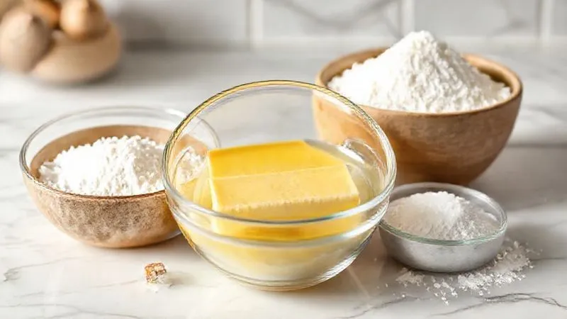 A photorealistic close-up of a bowl of melted unsalted butter, a bowl of high-quality all-purpose flour, and a bowl of granulated sugar, perfectly arranged on a white marble countertop with soft, diffused natural light. Sharp focus on the ingredients, depth of field blurring the background. 8K hyper-detailed, professional food photography.