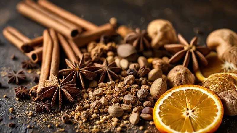 A photorealistic, professional photography, 8K, cinematic lighting, sharp focus, depth of field, shot on a high-end DSLR, of an array of aromatic spices (cinnamon sticks, star anise, vanilla pods, nutmeg, dried ginger slices, cardamom pods, orange zest) beautifully arranged on a dark, rustic background, evoking warmth and complex flavors.