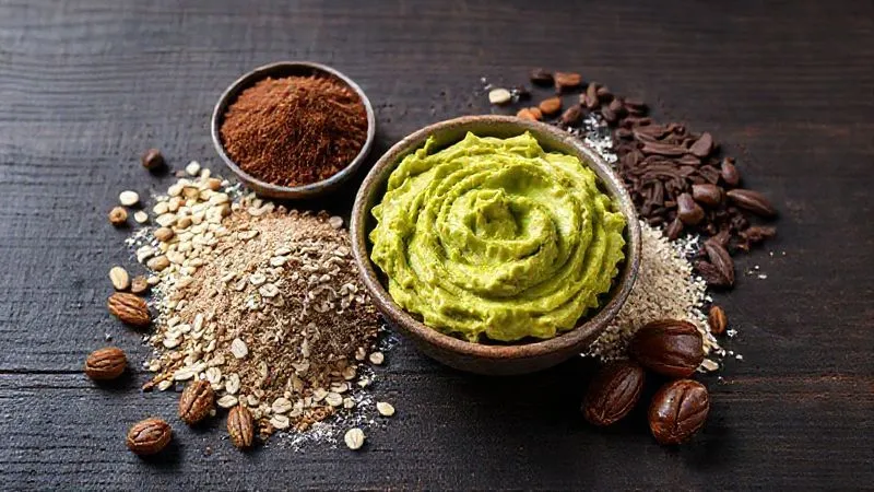 A professional studio shot of various high-quality brownie fit ingredients arranged artfully on a dark wooden surface: a bowl of vibrant green mashed avocado, creamy natural peanut butter, dark brown cocoa powder, almond flour, oat flour, a handful of shiny cacao nibs, and a few golden dates. Cinematic lighting, sharp focus on the textures, 8K hyper-detailed, professional food photography.
