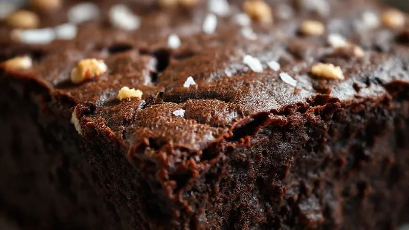 A photorealistic close-up of a perfectly baked brownie fit, still warm, with a visible crinkly top crust, studded with chopped walnuts and a sprinkle of sea salt flakes. The lighting is cinematic, highlighting the rich dark chocolate color. Shot on a high-end DSLR, 8K, sharp focus on the texture, shallow depth of field, professional food photography.