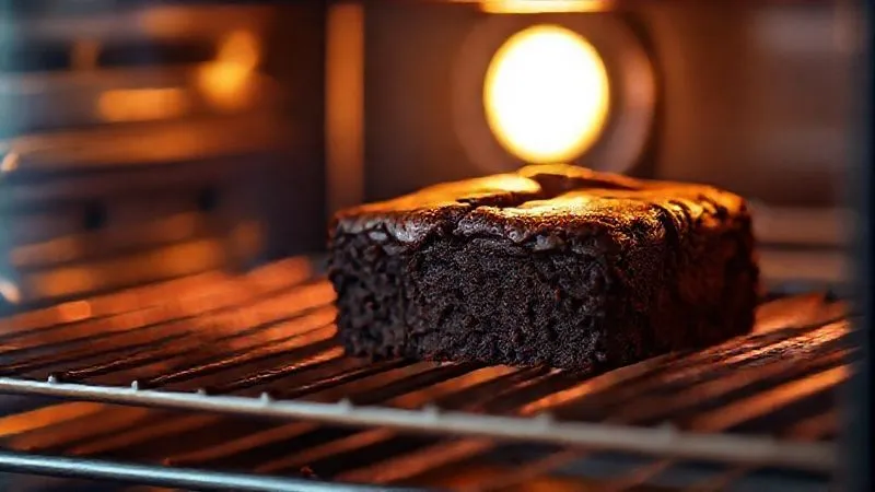 A close-up, photorealistic shot of a dark chocolate brownie fit baking in a professional oven, seen through the glass door. The brownie has a visible crinkly top crust forming. Cinematic lighting, warm glow from the oven, sharp focus, 8K, professional food photography.