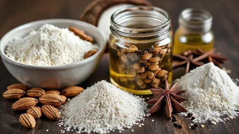 A photorealistic, professional photography shot showcasing a variety of high-quality, natural ingredients for sugar-free baking: a bowl of finely ground almond flour, virgin coconut oil in a jar, a small pile of psyllium husk, and a selection of fresh vanilla beans and aromatic spices. Cinematic lighting highlights the textures and colors of each ingredient, sharp focus, depth of field blurring the background, 8K hyper-detailed, shot on a high-end DSLR.