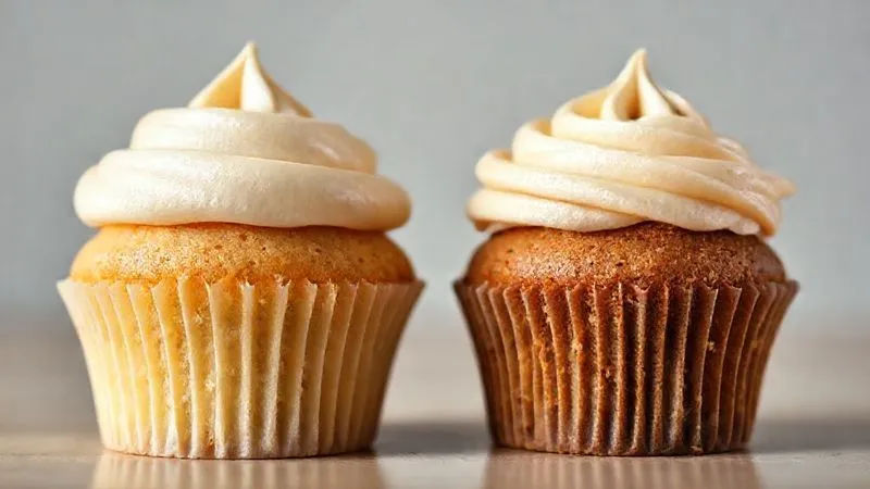 A photorealistic image depicting two identical-looking sugar-free cupcakes side-by-side. One cupcake looks perfectly moist, with a delicate crumb and a smooth, glossy frosting, emanating an inviting warmth. The other cupcake, in stark contrast, appears dry, crumbly, and slightly sunken, with a dull, grainy frosting. Cinematic lighting highlights the difference in texture and appeal, sharp focus on both cupcakes, depth of field blurring a neutral background, 8K hyper-detailed, shot on a high-end DSLR.