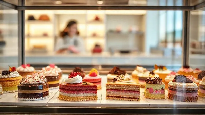 A photorealistic image of a modern, minimalist patisserie display case, showcasing an array of exquisitely presented sugar-free desserts. The desserts are vibrant and artfully arranged, with elegant textures and garnishes. The setting is clean and bright, with soft, diffused lighting enhancing the gourmet appeal of the treats. A subtle reflection of a happy customer can be seen in the glass. 8K hyper-detailed, sharp focus on the desserts, depth of field blurring the background, shot on a high-end DSLR.
