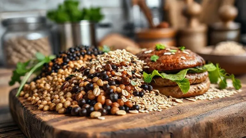 A photorealistic, professional photography shot from a low angle, showing various raw ingredients for a vegetable burger (lentils, black beans, mushrooms, oats, flax seeds) meticulously arranged on a rustic wooden board, with a focused beam of cinematic lighting highlighting their textures. Sharp focus on the ingredients, depth of field blurring a background of kitchen tools. 8K hyper-detailed, shot on a high-end DSLR, conveying freshness and potential.