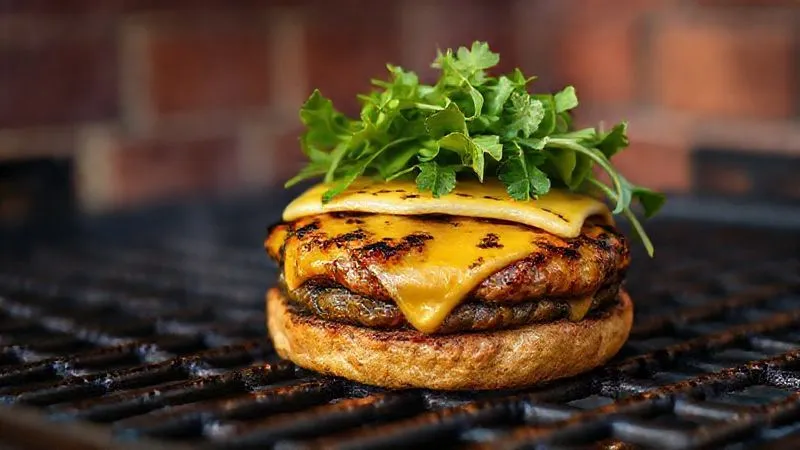 A photorealistic, professional photography shot of a perfectly grilled gourmet vegetable burger resting on a warm, clean grill grate, showing distinct char marks and a beautifully firm texture. The burger is topped with melted vegan cheese and fresh arugula, with the background of a vibrant, slightly smoky outdoor grilling scene. Cinematic lighting creates a warm glow, sharp focus on the burger, depth of field blurring the background. 8K hyper-detailed, shot on a high-end DSLR, emphasizing deliciousness and stability.