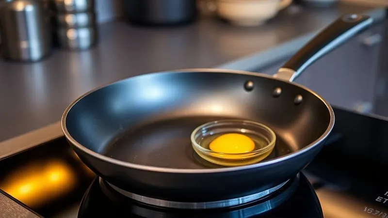 A professional photography shot of a perfectly seasoned, high-quality non-stick frying pan, 8-inch diameter, on a sleek induction cooktop, with soft, cinematic lighting highlighting its smooth surface. A small bowl of perfectly beaten eggs is positioned next to it, ready for cooking. Sharp focus on the pan, depth of field blurring the background of a gourmet kitchen. 8K hyper-detailed, shot on a high-end DSLR.