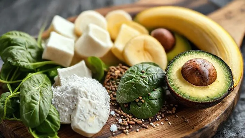 A close-up, photorealistic, professional photography, 8K, cinematic lighting, sharp focus, depth of field, shot on a high-end DSLR, showing an array of perfectly ripe, vibrant ingredients for a gourmet fit smoothie: frozen banana slices, creamy avocado chunks, fresh spinach leaves, a scoop of white protein powder, a handful of chia seeds, and a splash of almond milk, all arranged artistically on a rustic wooden board, emphasizing freshness and quality.